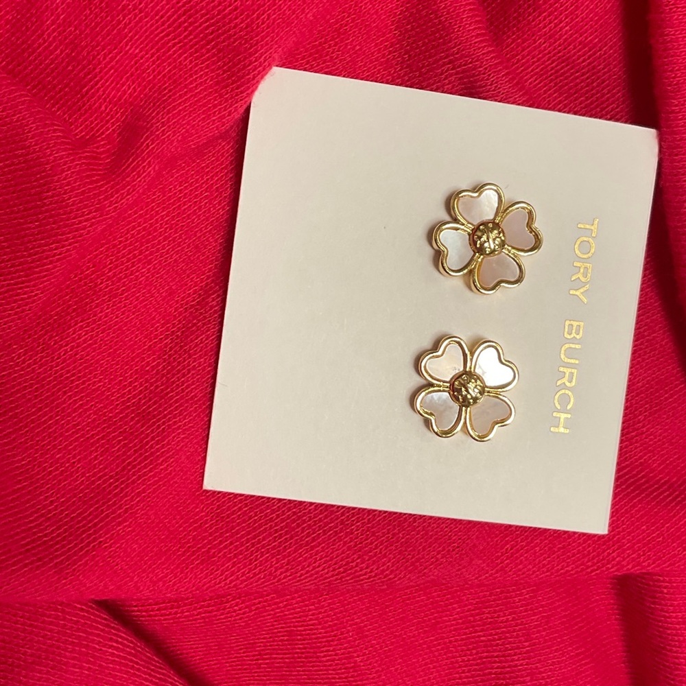 Tory Burch Gold and Cream Floral Earrings